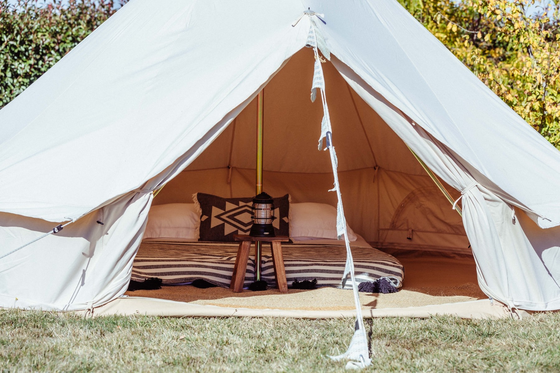 5m bell tent inside featuring queen bed 